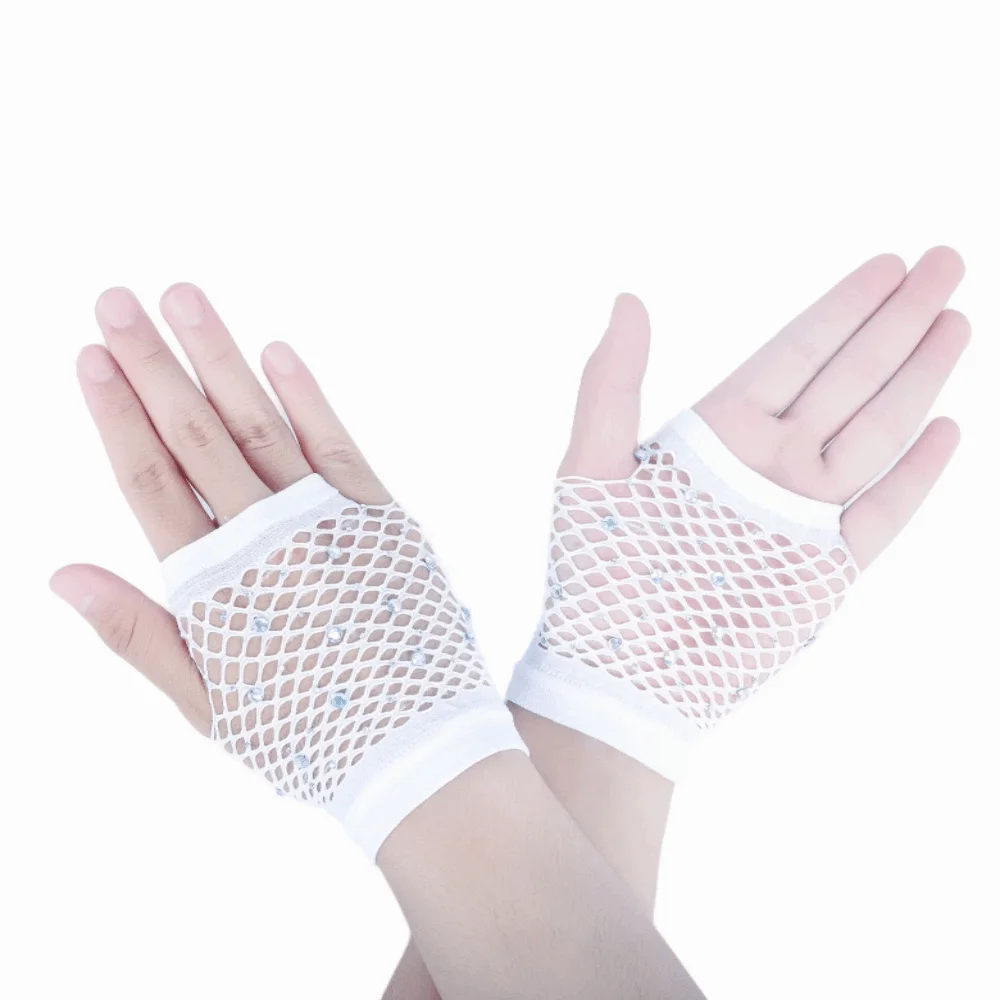 Fashion Elastic Rhinestone Gloves Shiny Black White Mesh Lace Gloves Punk Gothic Style Fishnet Fingerless Gloves Women's Fashion