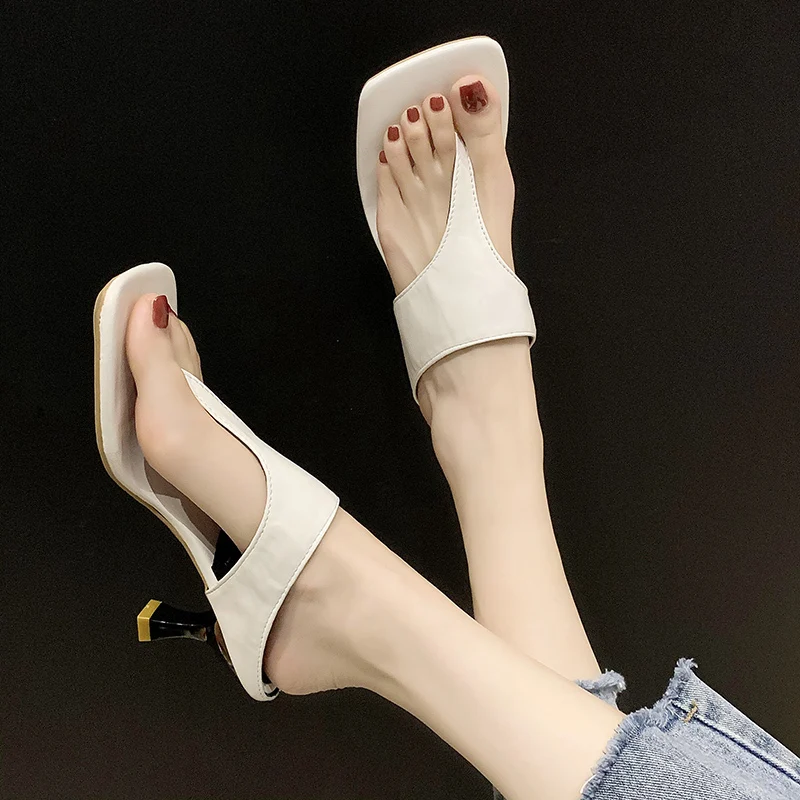 Women\'s Slippers Summer New High Heel Square Toe Shallow Mouth Flip-flops Fashion Temperament Increase Heel Sandals