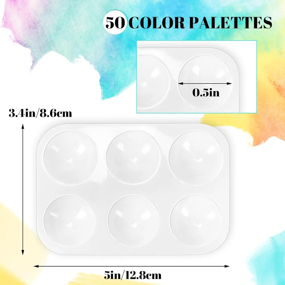 50 Pack 6-Well Plastic Paint Palettes for Kids & Adults, White Rectangular Paint Trays for Watercolor, Acrylic, Oil Painting, DIY Crafts, Art Class Supplies