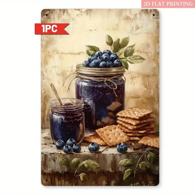 2D Flat - 2D Vintage Metal Sign | Blueberry Jam And Biscuits Design, 20X30 cm, Ideal For Country Farmhouse Kitchen Decor, Showca