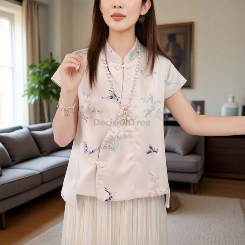 

2025 short sleeved stand collar disc buckle qipao tops retro fashionable popular chinese blouse sweet butterfly printing blouse