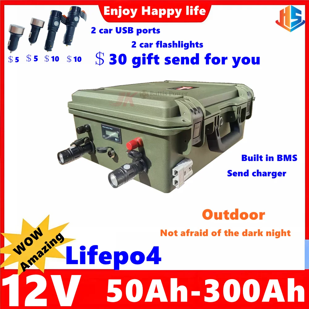 

HS 12V 50Ah 80AH 100AH 120Ah 150Ah 200AH 250Ah 300Ah LiFePO4 Battery for Outdoor RV, EVpropeller trolling motor engine+Charger