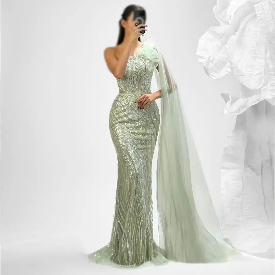 Ofherown Abiti da sera con volant monospalla a sirena di lusso con maniche a mantella verde salvia Abiti da festa di nozze Taglie forti personalizzati