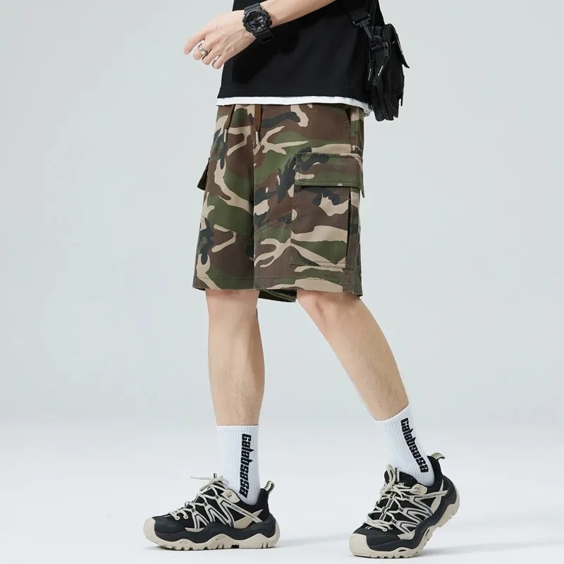 Men's Summer Pockets Geometric Camouflage Solid Elastic and High Waisted Sports Loose Casual Trousers Vintage Vacation Shorts