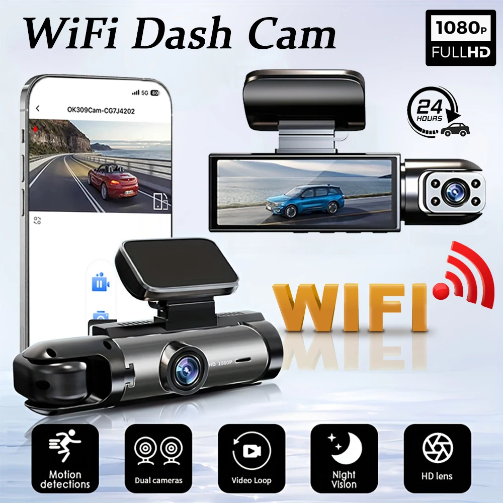 1080P WiFi Podwójna kamera samochodowa do samochodów Kamera przednia i wewnętrzna z noktowizorem na podczerwień Nagrywanie w pętli szerokokątny rejestrator samochodowy