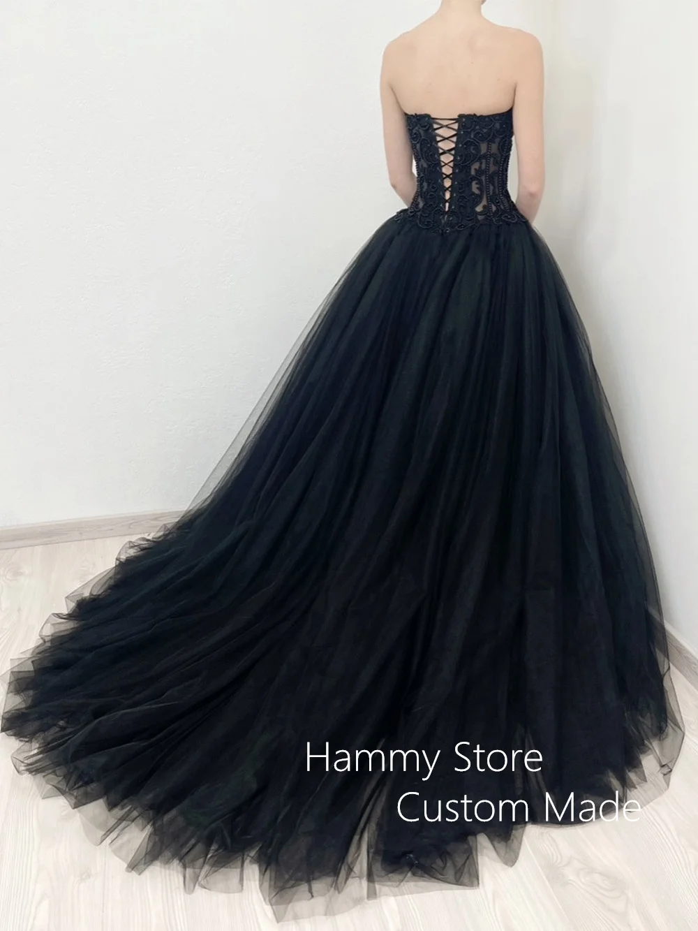 Pérolas Gothic Vestido De Noiva Personalizado Querida Applique Ball Gown Espartilho Noiva Vestidos Robe Mariee Vestidos De Casamento Preto