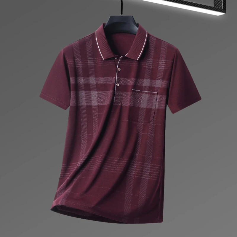 Men's Business Casual Plaid Polo Shirt Summer Short Sleeve Lapel Top Cotton Button Polo Shirts Loose Turn-down Collar Tshirt Men