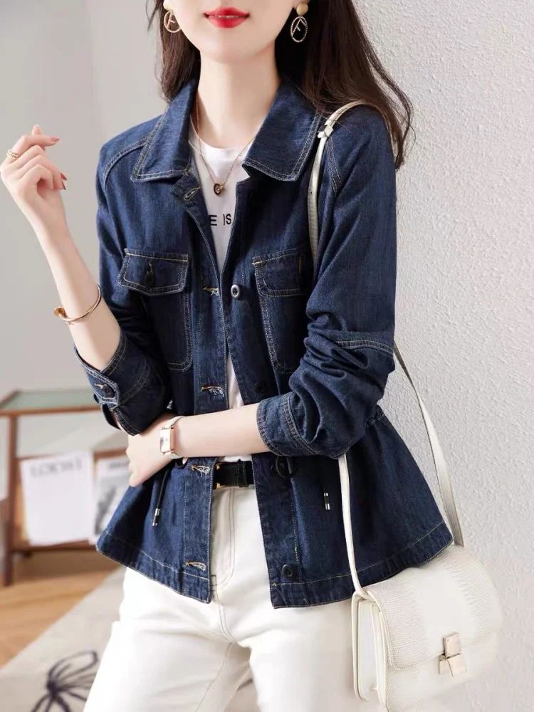 Deep Blue Retro Denim Jacket Women's Casual Loose Workwear Coat Medium Length Collar Long Sleeve Straight Tube Commute Style