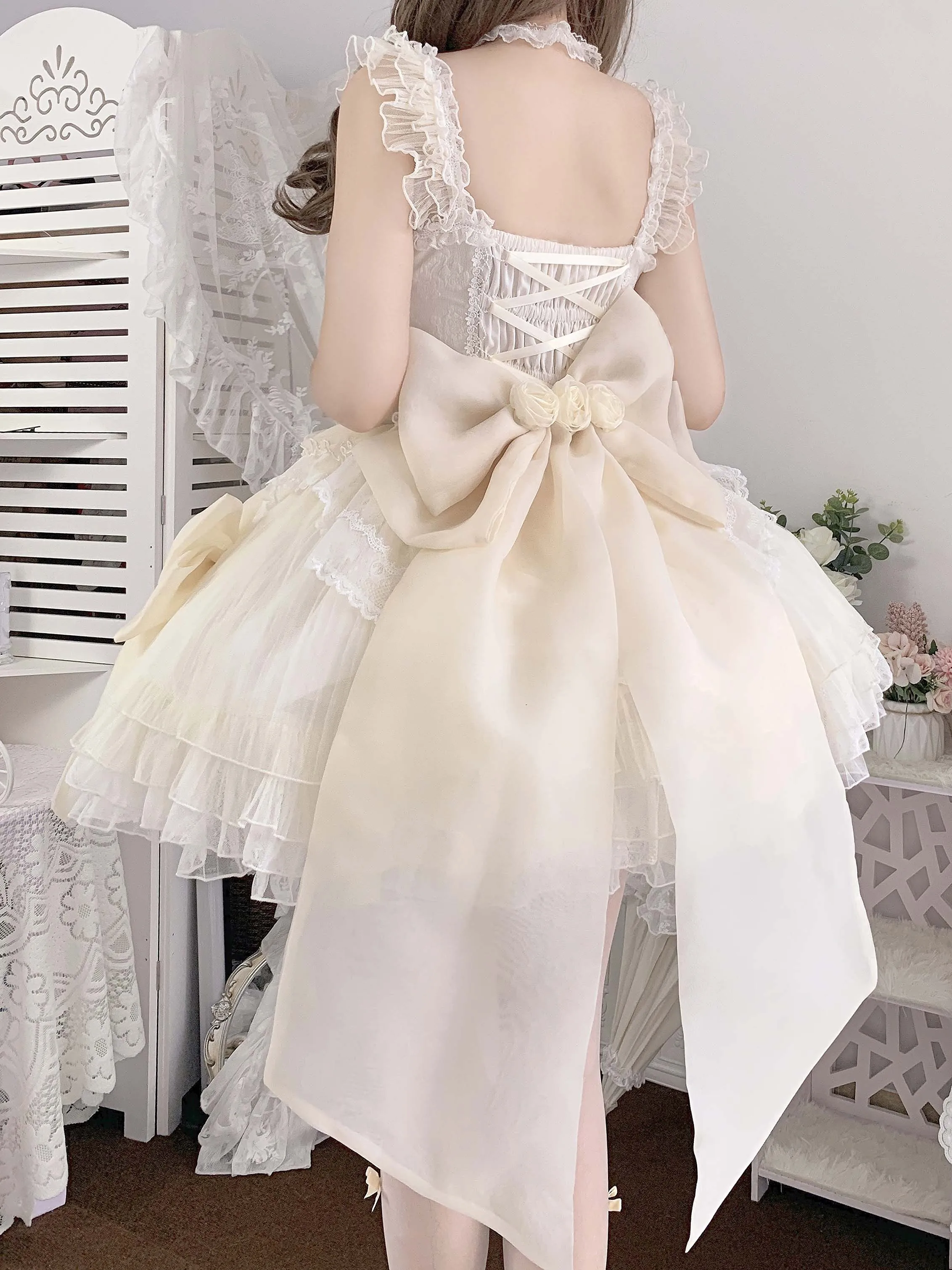 Dophee Original ผู้หญิงชุดแต่งงานดอกไม้ Elegant ลูกไม้เย็บแขนกุดชุดกระโปรง Lolita วันเกิดชุดสั้น