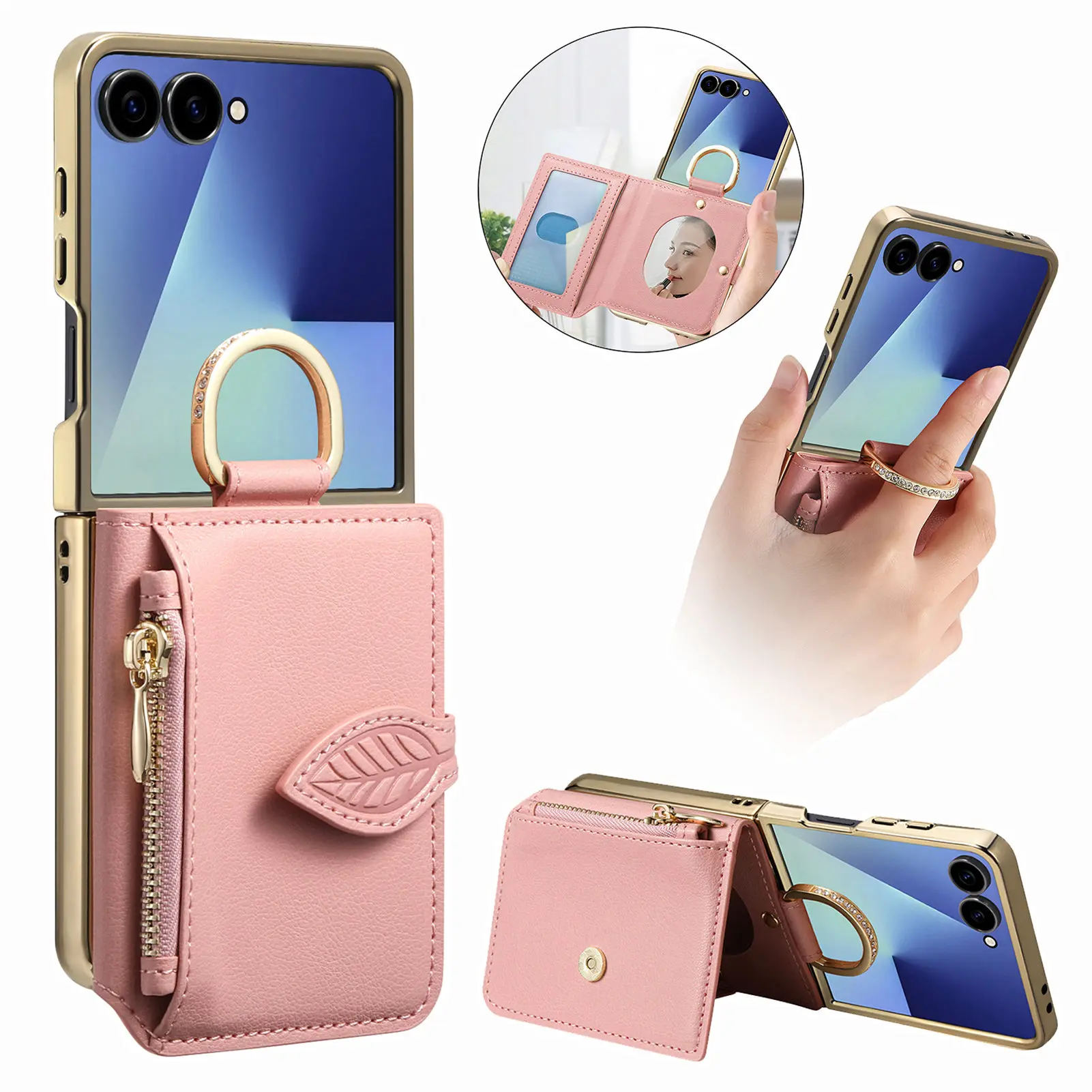 

Luxury Ring Holder Zipper Cards Wallet Leather Case For Samsung Z Flip 7 6 5 4 Comfortable Grip Shockproof Makeup Mirror Cover