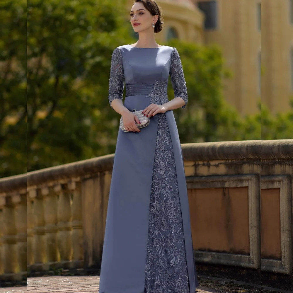Customized Elegant Charmeuse Lace O-Neck A-line Long Dresses Bespoke Occasion Party Mother Of The Bride Gown Classic Formal