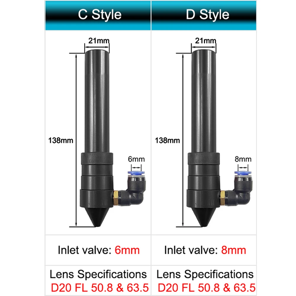 DIGRAY CO2 Laser Head Lens Tube Średnica zewnętrzna 21 mm + dysza powietrzna do obiektywu Dia.20 FL 50.8/63,5 mm do maszyny do cięcia laserowego CO2