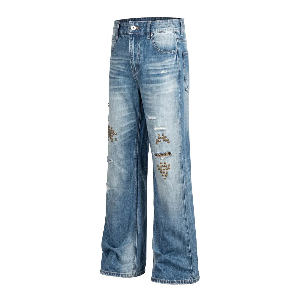 MWJLPWQ Washed Distressed Denim Flared Pants Hippie Vibe Trendy Men's Ripped Studded Design Unique Casual Trousers Chic 20879