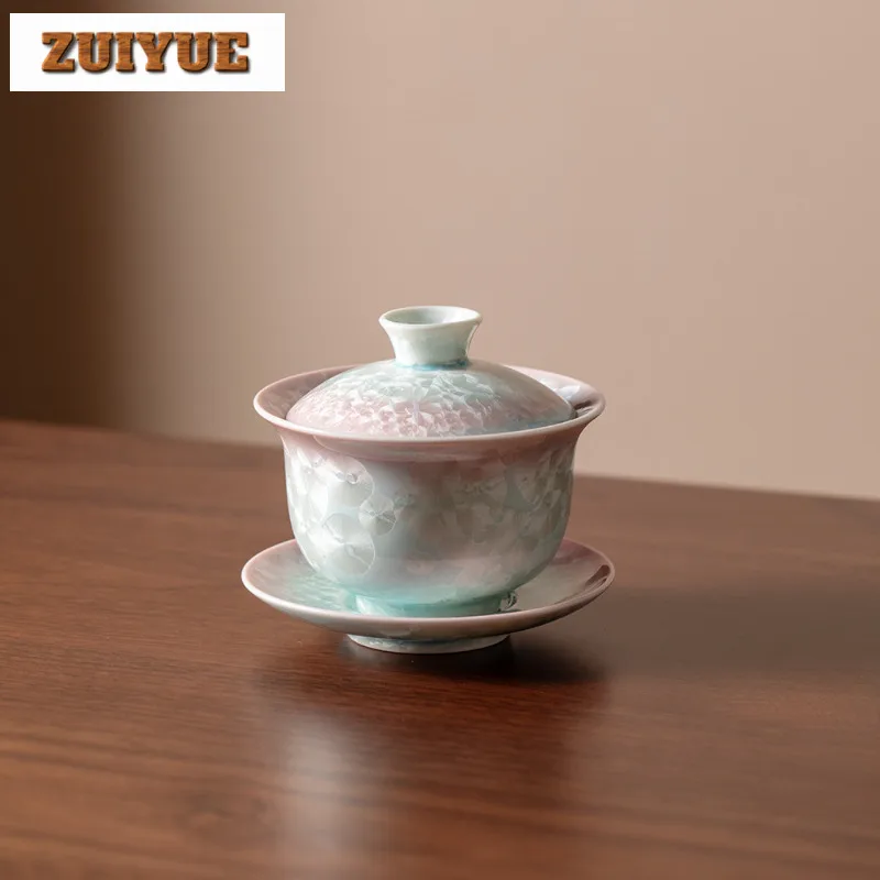 

170ml Crystalline Glaze Cyan Pink Gaiwan Retro Tea Tureen Tea Bowl With Lid Kit Tea Maker Cover Bowl Drinkware Accessories Gift
