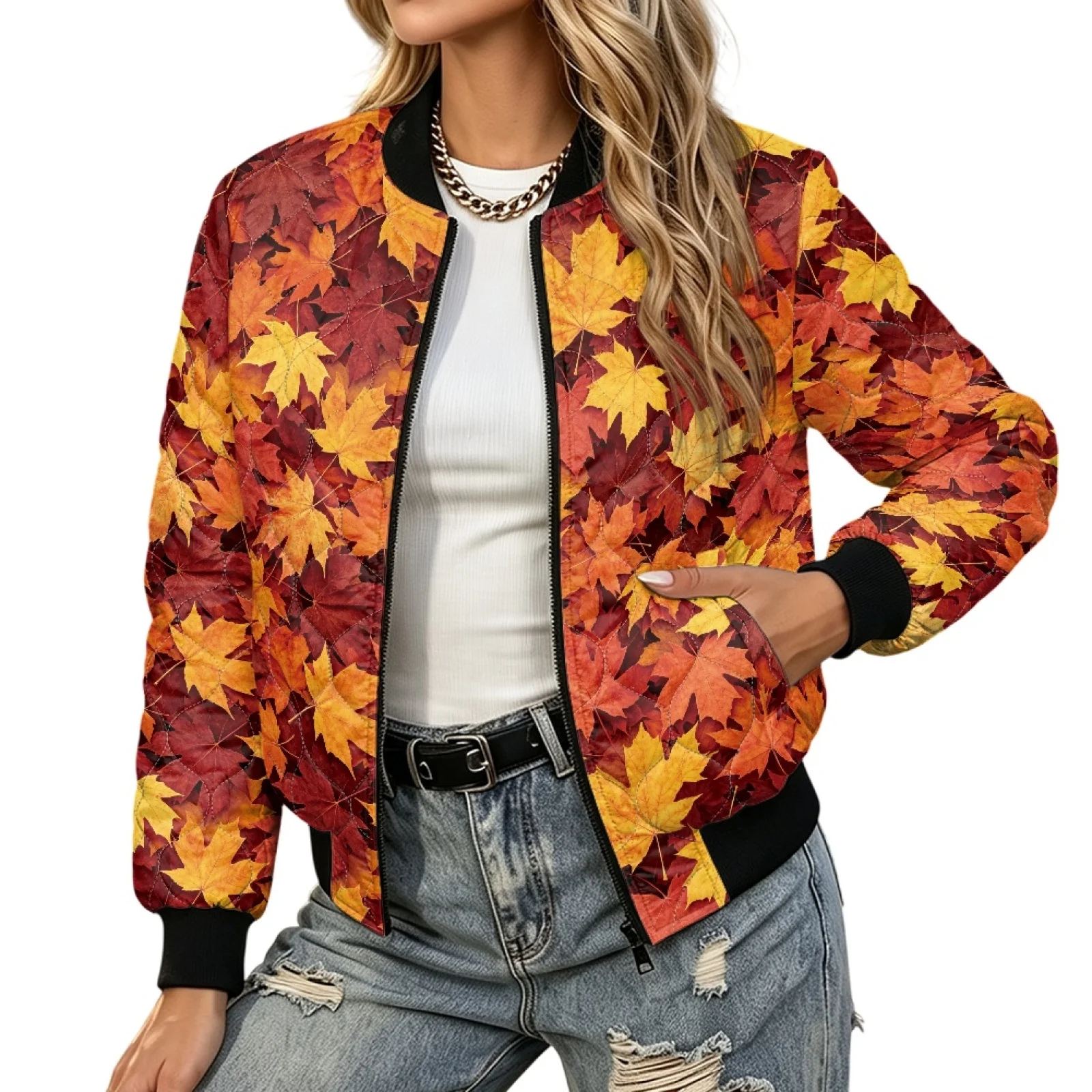 PENSTROLL Maple Leaf Ladies Light Warm Quilted Puffer Jacket with Rib Cuffs Cozy Quilted Winter Coat for Party