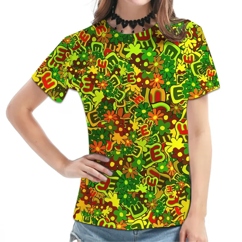 المرأة رسالة E زهرة تي شيرت كول ملون امرأة قصيرة الأكمام الصيف س الرقبة تي شيرت موضة الشارع الشهير الملابس الناعمة