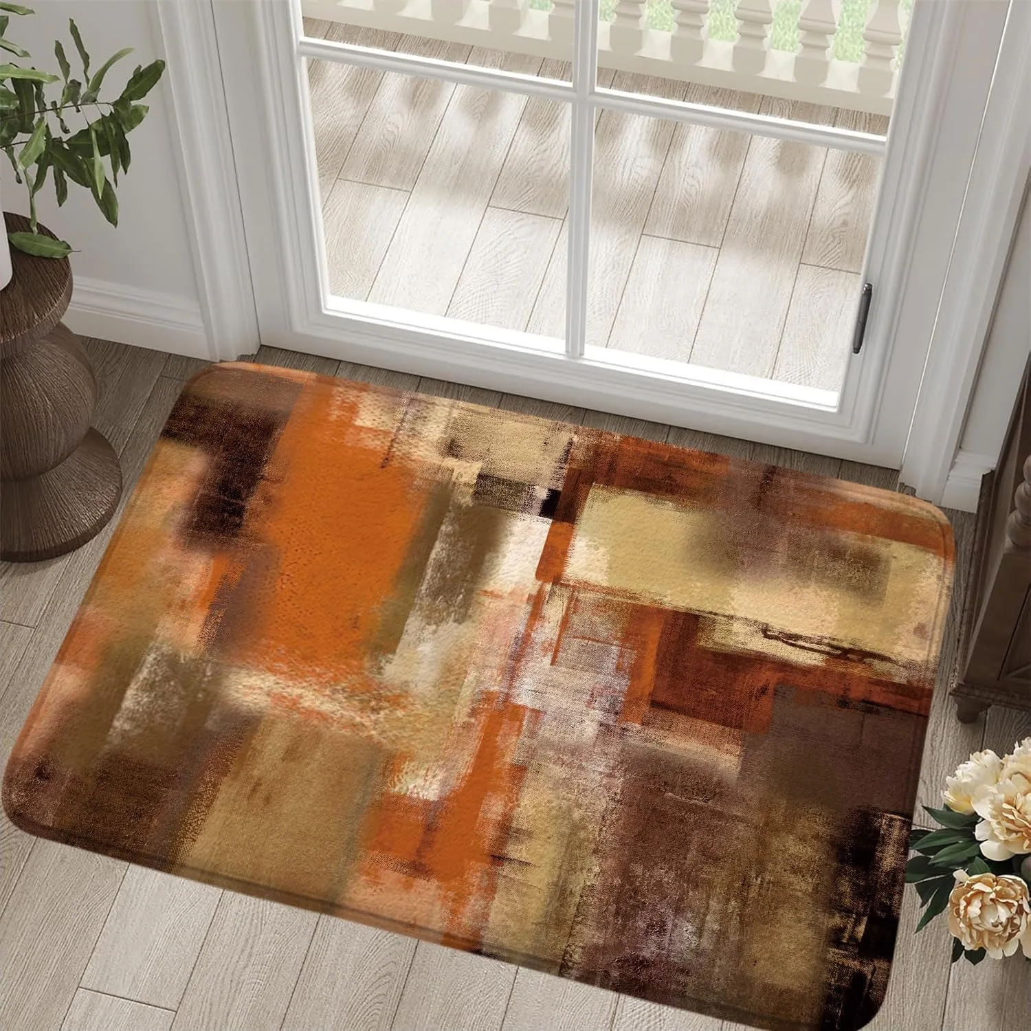 Orange Brown Abstract Oil Painting Art Pattern Printed Non Slip Flannel Floor Mat Home Decor Rug