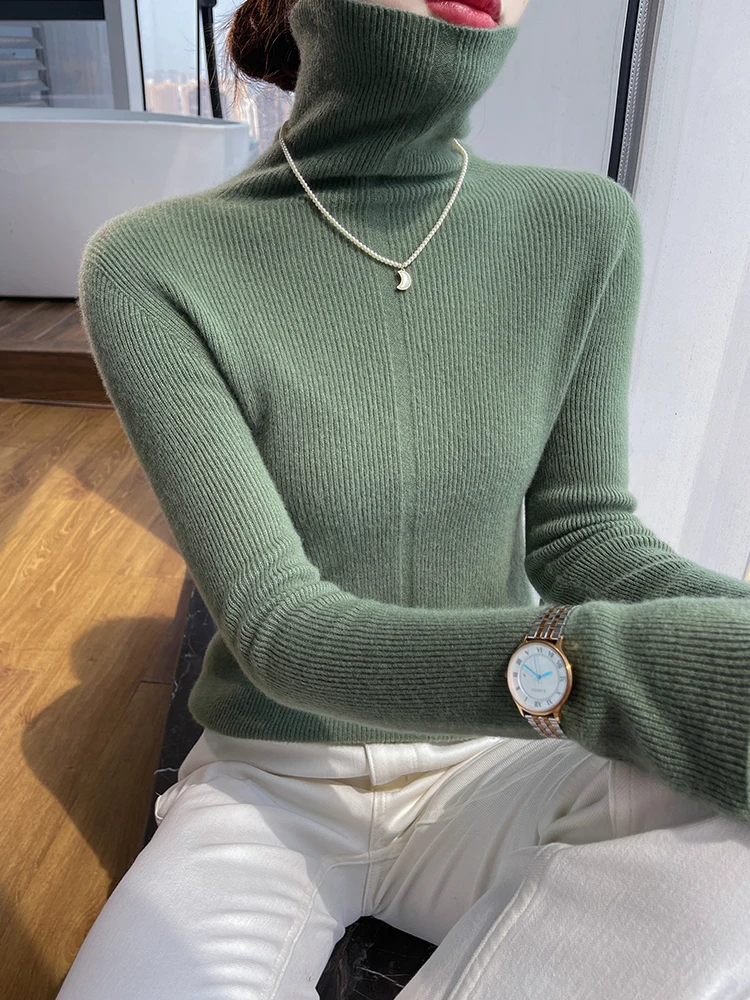 Suéter de cachemira para mujer, jersey ajustado con cuello de pila, Otoño Invierno, 100% de lana merina, capa Base, prendas de punto, Tops suaves populares coreanos