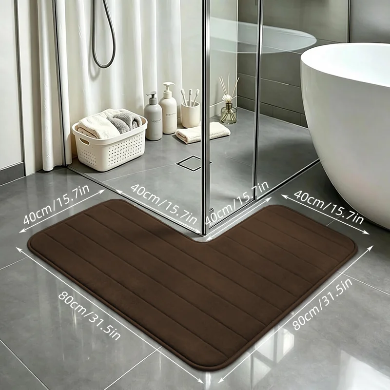 1 Stück L-förmige, rutschfeste und saugfähige Badematte, dicke, schnell trocknende Fußmatte aus Korallenfleece, mit horizontalen Streifen geprägtes Design, geeignet für Hotels, Gästehäuser und den privaten Gebrauch, rutschfester und schmutzabweisender Teppich für den Duschbereich im Badezimmer. – Detail 5