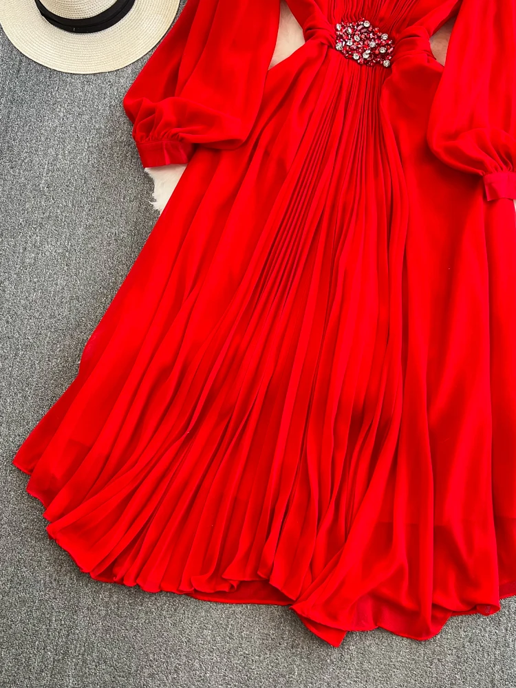 Autumn Purple/Black/Red Diamonds Draped Chiffon Pleated Party Long Dress Women Beach Vacation Vestidos Elegant Puff Sleeve Robe