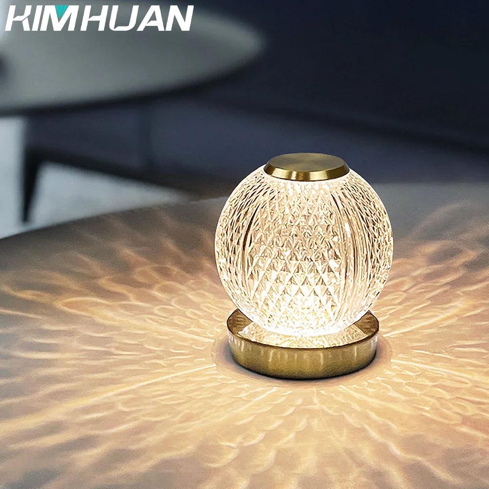 

USB Rechargeable Tri-Colour Dimming Crystal Ball Table Lamp Night Pearl Table Lamp Vintage Ambient Lamp Bedroom Bedside Lamp