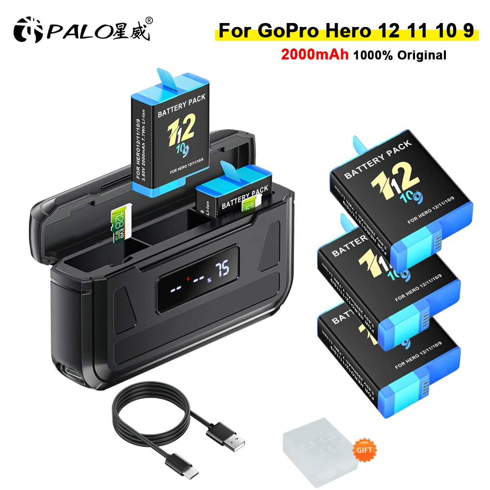 PALO 2000mAh batterie pour GoPro Hero 12 hero 11 10 9 GoPro Hero accessoires de caméra + 3 emplacements boîtier de chargeur LCD pour GoPro 12 11 10 9