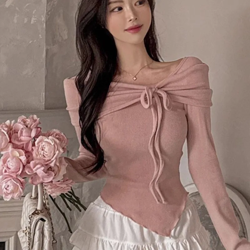 Irregular Bow T Shirt For Women Pink Cute Tshirts Y2K Slim Long Sleeve Tees 2025 Spring  Summer Korean Style Crop Tops Mujer