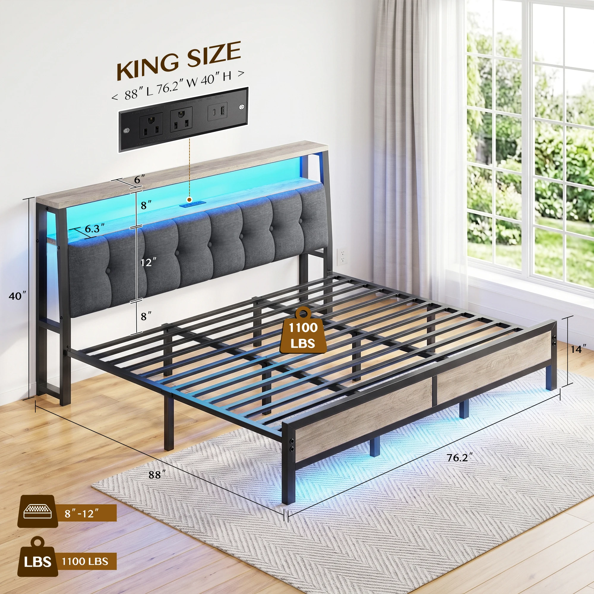 RAYBEE King Bed Frame with Upholstered Headboard & Charging Station Linen Upholstery, 2-Tier Shelf, 2 AC Outlets, Type-C, RGB LED Remote, 12in Underbed Clearance, 1100 lbs, No Box Spring, Grey image 8