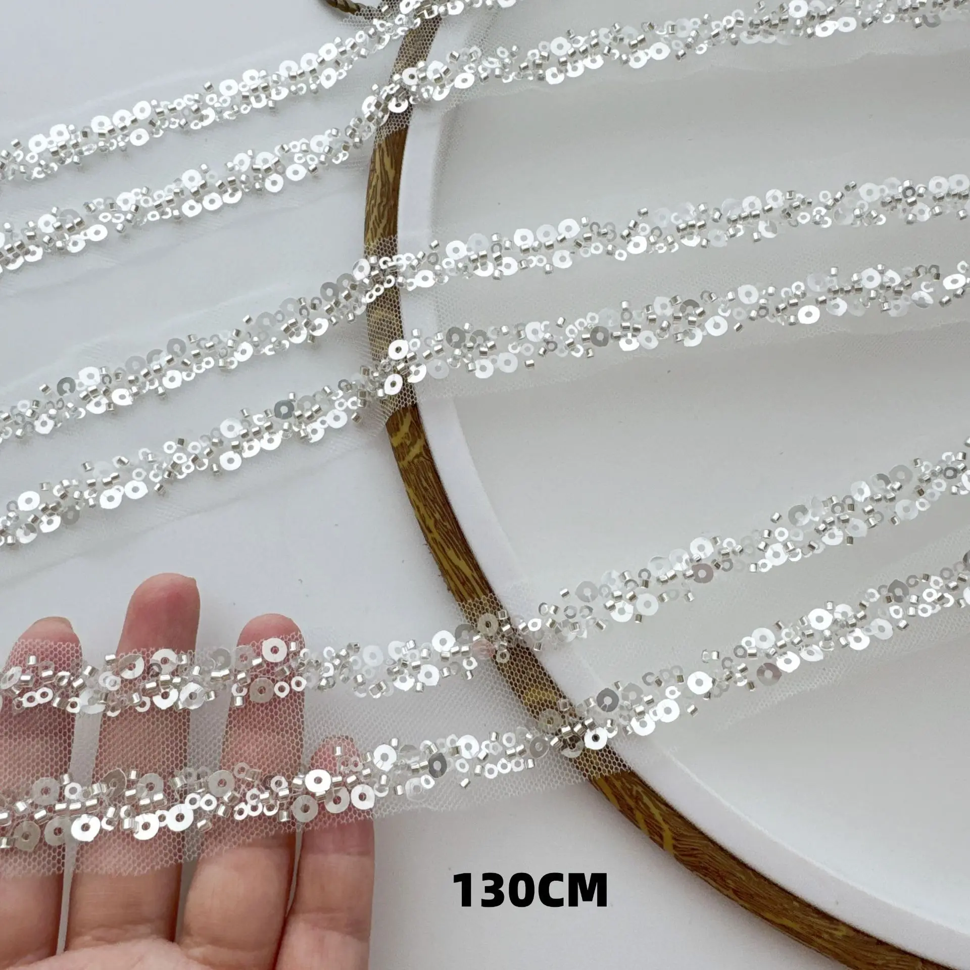 2yard Silver Flash Beaded Embroidery Long Lace Trim,Mesh Sequin Ribbon,Sewing Edge Material for Stage Costume lace trimming