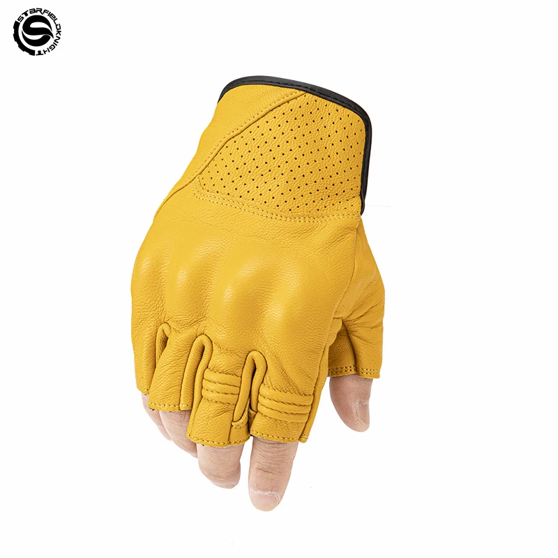 Star Field Knight Yellow Half Finger Motorcycle Gloves Real Goat Leather Gloves Summer Breathable Wear-resistant Riding Gears