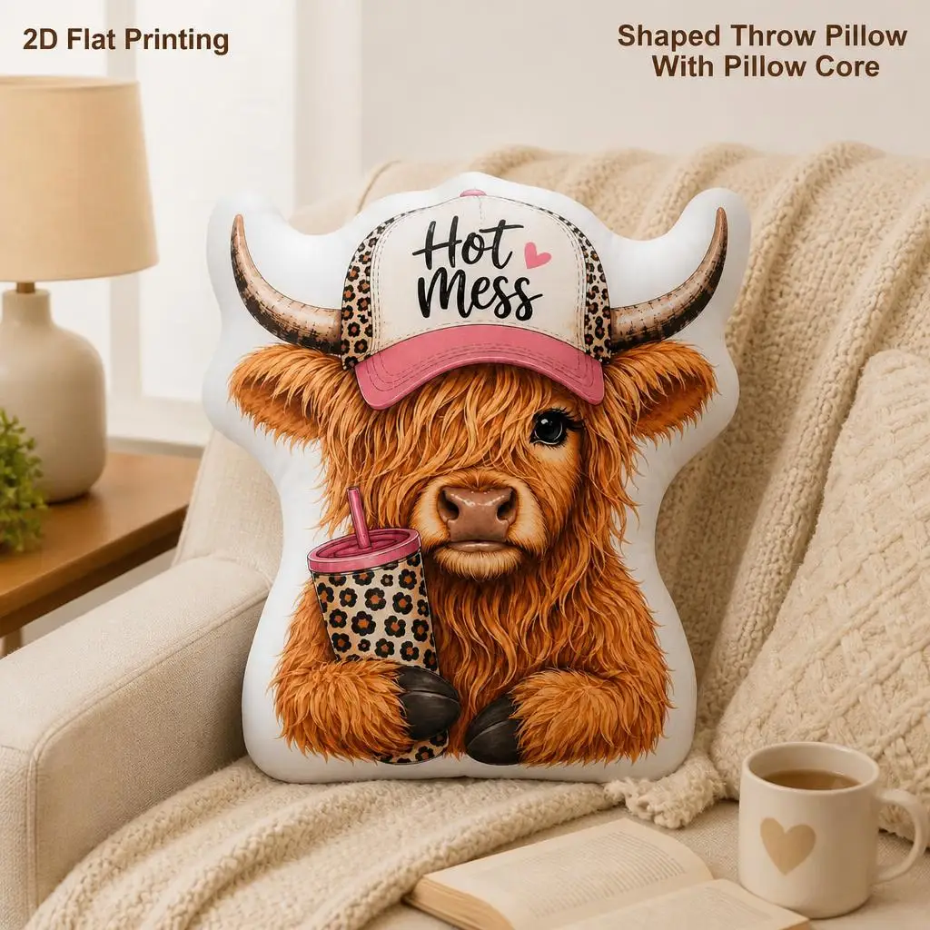 Hot Mess Highland Cow Funny Gift Plush Pillow Cushion Irregular Stuffed Throw Pillow Home Decor Gift Sofa Bed Home