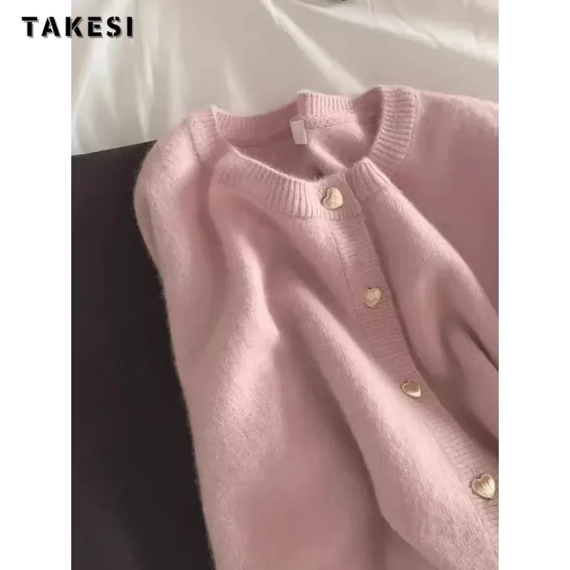 Women Luxury Sweet Knitting Long Sleeve Pink O-Neck Cardigans 2024 Winter Fashion Korean Casual Single Breasted Elegant Sweater