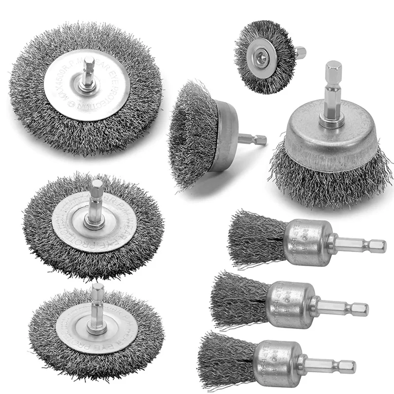 ABNC-9PC Coarse Crimped Wire Wheel Cup Pen Brush Set for Drill,Carbon Steel Wire Brush with Hex Shank for Removing Paint