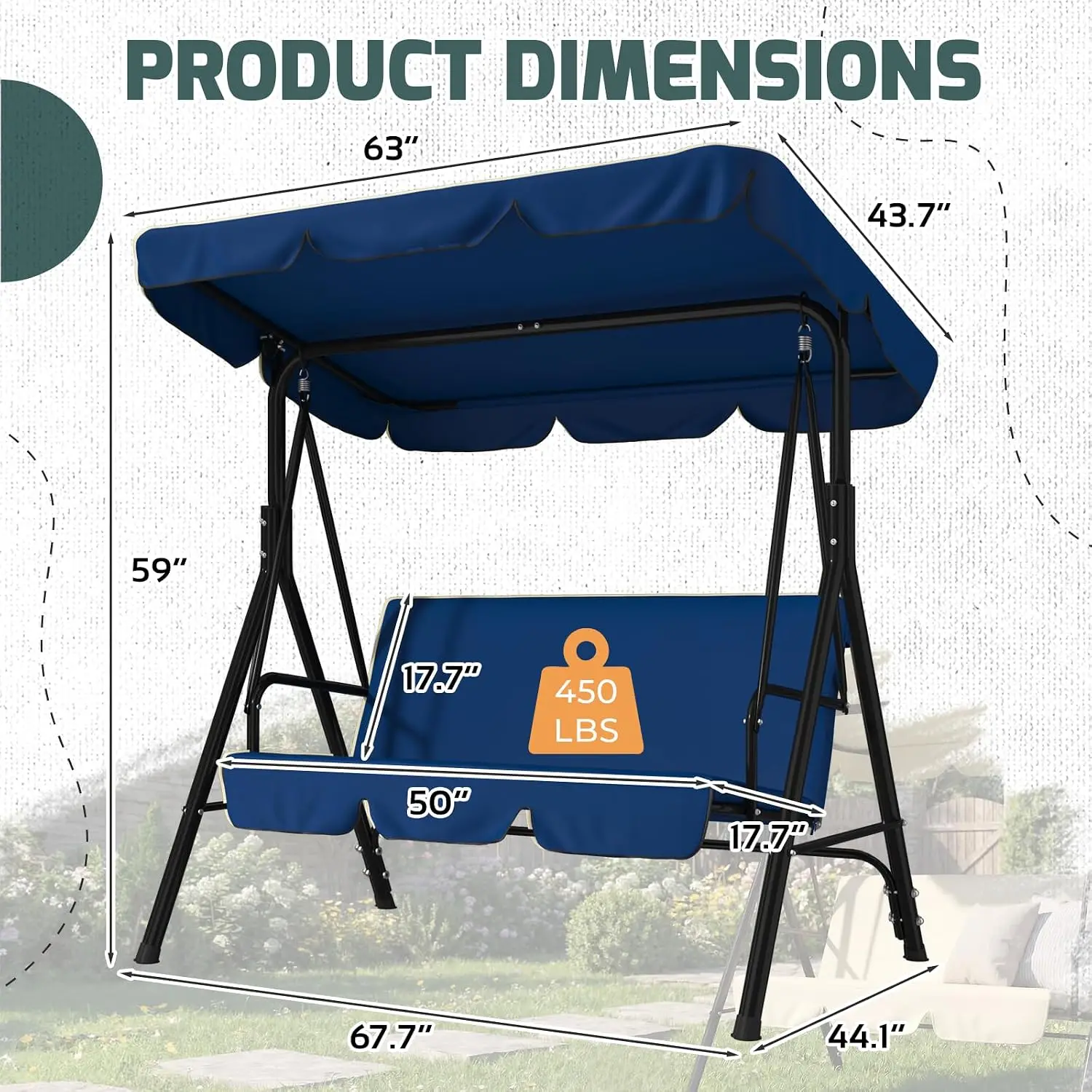 3-Seat Outdoor Porch Swing With Stand, Adjustable Canopy & Removable Cushion For Patio, Backyard, Garden, Poolside, Customized