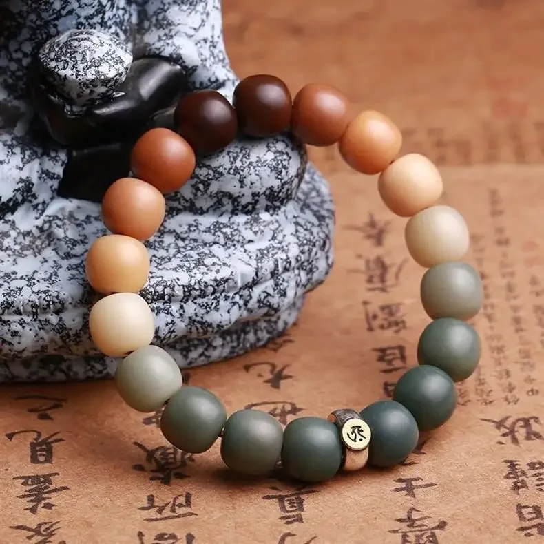 Natural Colorful Gradient Rainbow White Jade Bodhi Root Bracelet Buddha Bead HandString Men Women's Old Barrel Bead Bangle