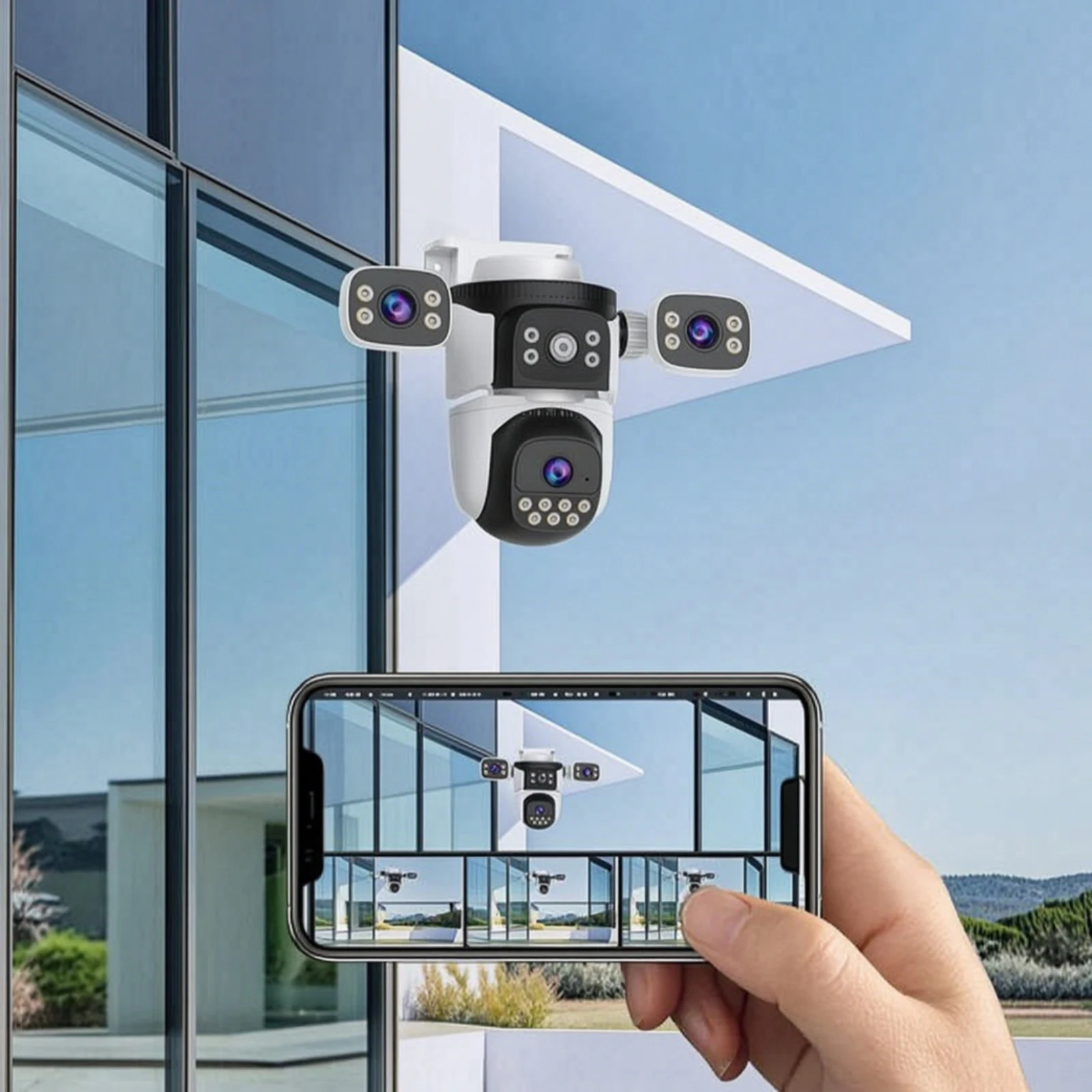 Outdoor Security Camera Wall-Mount Three-Lens Security Camera Wide-Angle for Homeowners, Yard, Driveway