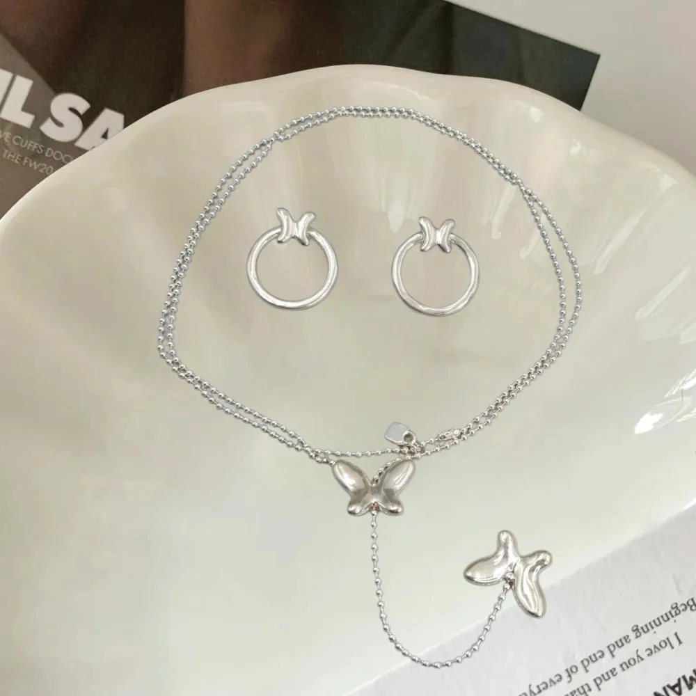 2026 Spanish Trendy Ins Style Gold Silver Butterfly Earrings Necklace Jewelry Two Piece Set Temperament Gift