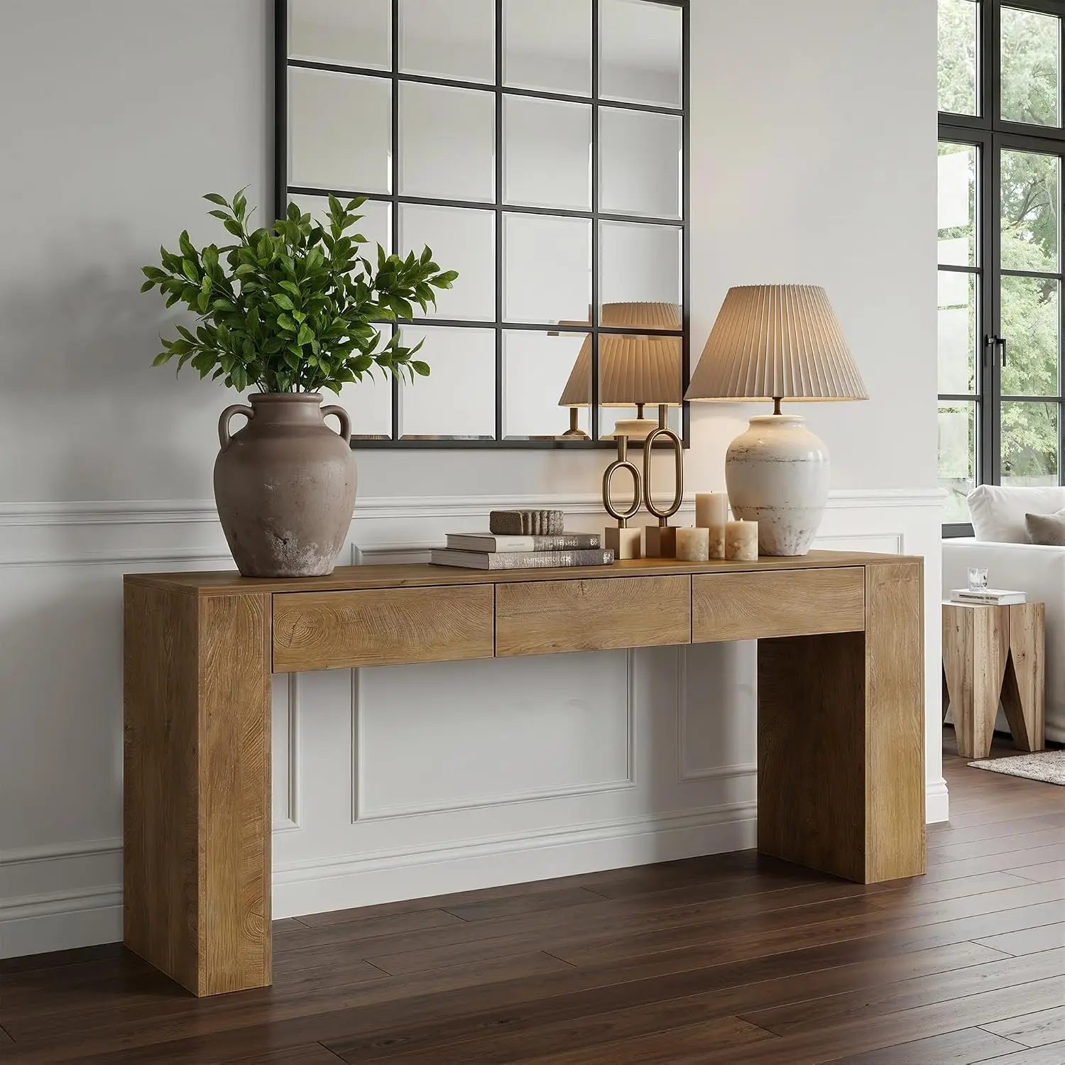 71 Inches Long Console Table with 3 Drawers for Entryway, Oak, Customized