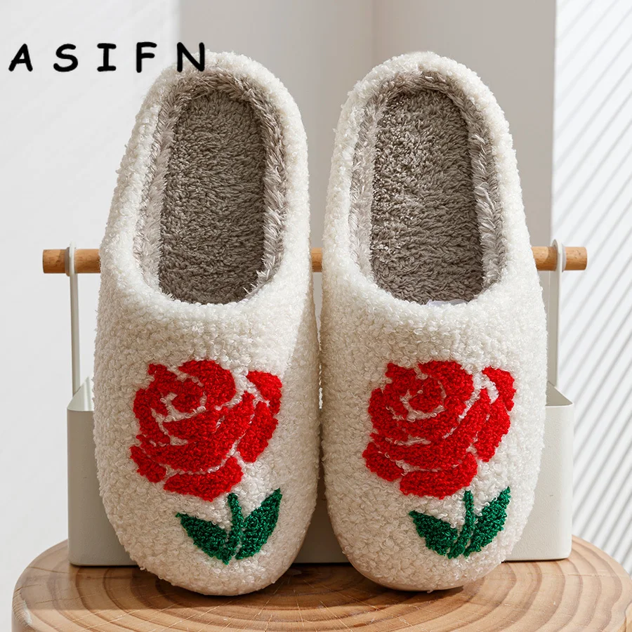 Rose Pattern Romantic Love Women Slippers Valentine's Day Gift Embroidery Fuzzy Comfy Bedroom Winter Cotton Home Girls Shoes