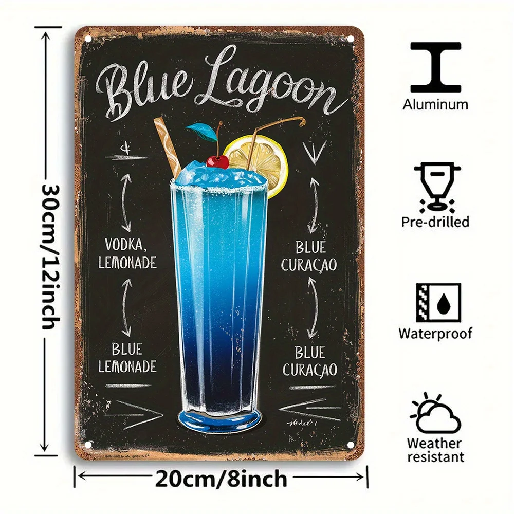 لافتة كوكتيل من الألومنيوم باللون الأزرق، ديكور فني جداري ثنائي الأبعاد بنمط عتيق، هدية مثالية، لوحة ملصق ريترو للمطبخ، غرفة الألعاب