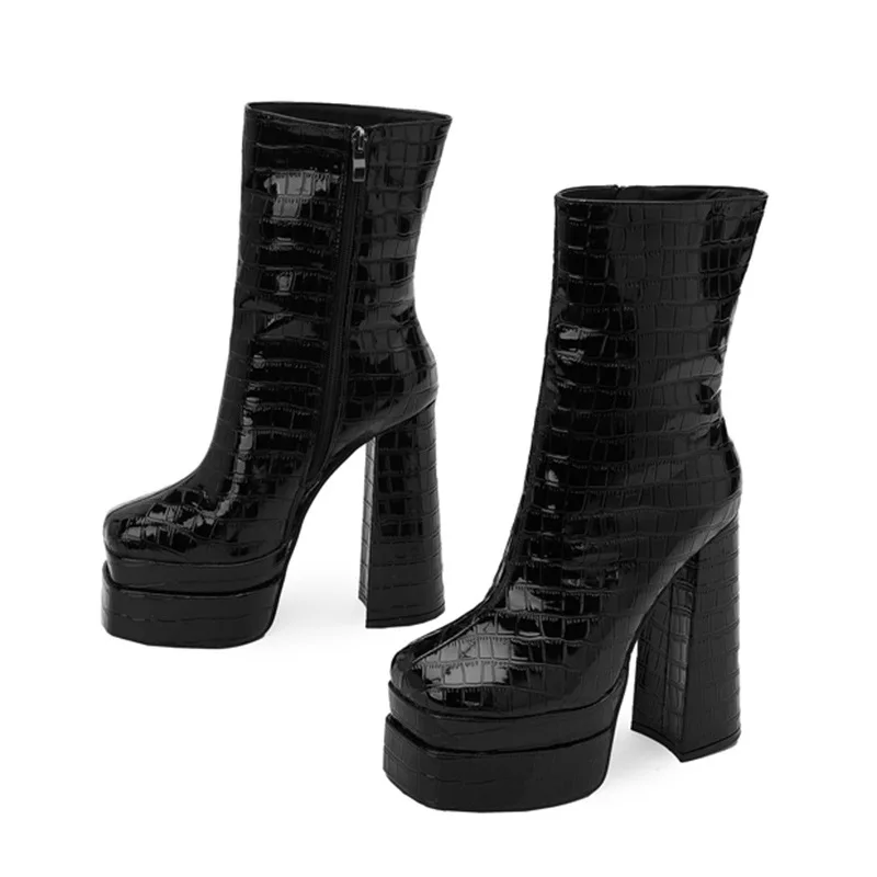 Waterproof Winter Boots for Women ZIP Platform PU 15.5CM Square Heel Super High Heels Walk Show Street Style Women Shoes Apricot