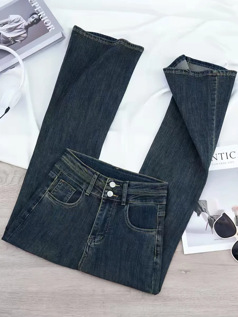 High Waist Bell Bottom Jeans Women's Spring Autumn New Loose Slimming Small Size Ladies Floor Length Pants Cement Grey