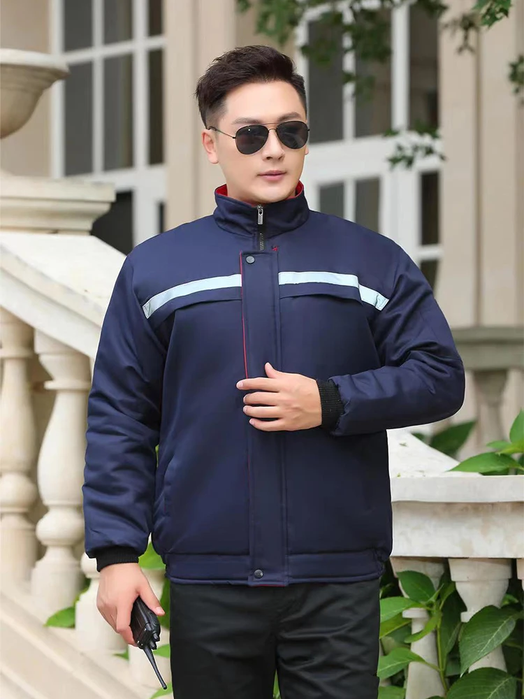 Mono de trabajo de invierno fijo azul marino, abrigo térmico con cuello levantado para trabajo en almacén, uniforme de protección contra el frío con aislamiento permanente