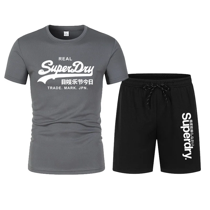 UK Superdry Ultimate Dry Summer Casual Men\'s Speed Drying Sports Set Mesh Breathable Short Sleeve T-shirt Pants 2-piece Se