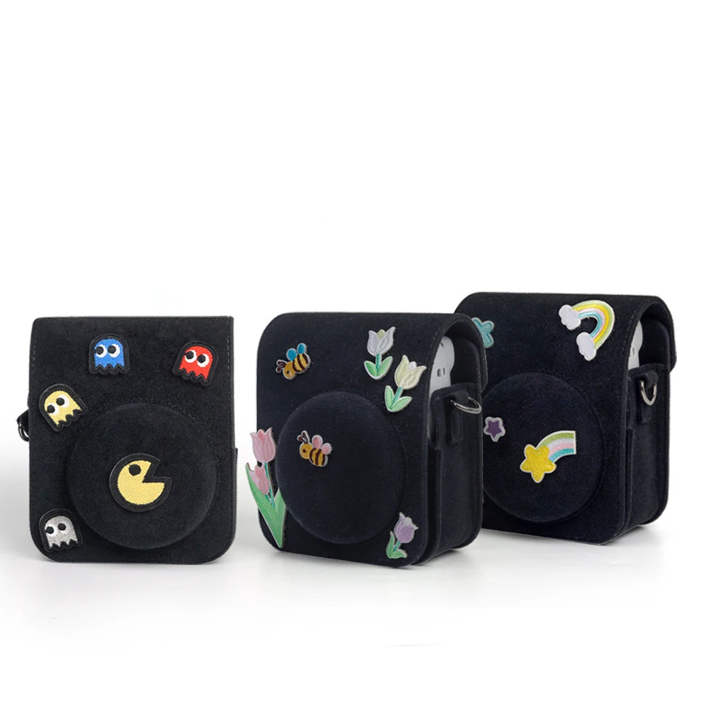 For Fujifilm Mini 12 Camera Black Felt Camera Bag With straps Sticky Cute Retro Style Camera Protective Cover