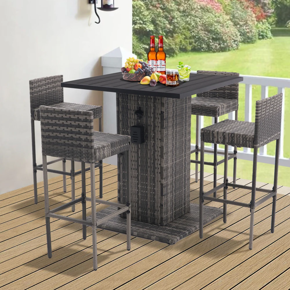 5-Piece Outdoor Conversation Bar Set,All Weather PE Rattan and Steel Frame Patio Furniture With Metal Tabletop and Stools