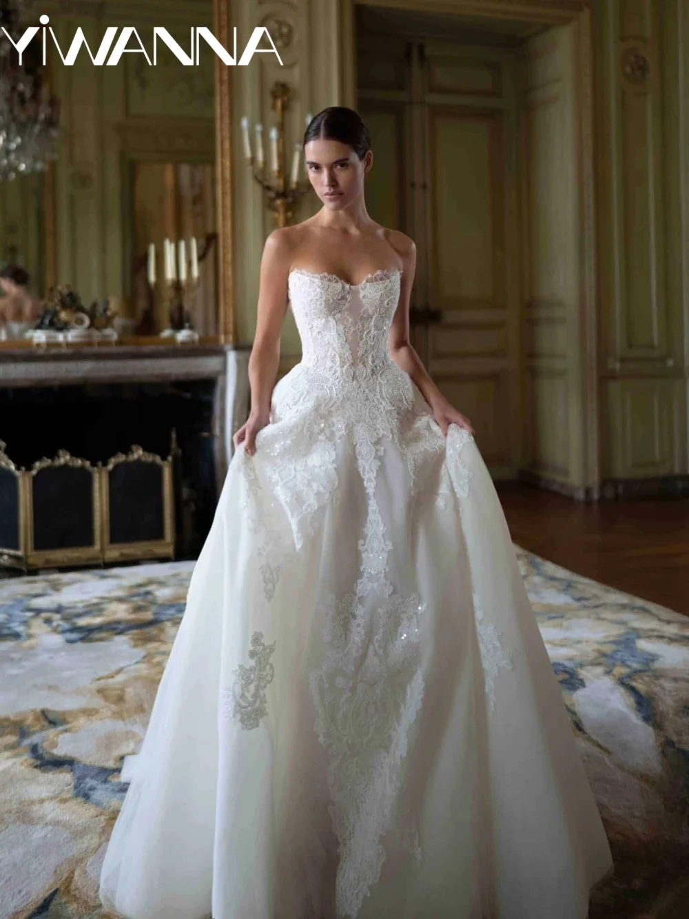 

Classic Glitter Lace Floor-length Wedding Dress A-line Backless Strapless Bridal Gown Customized Modern Ivory Dresses For Bride