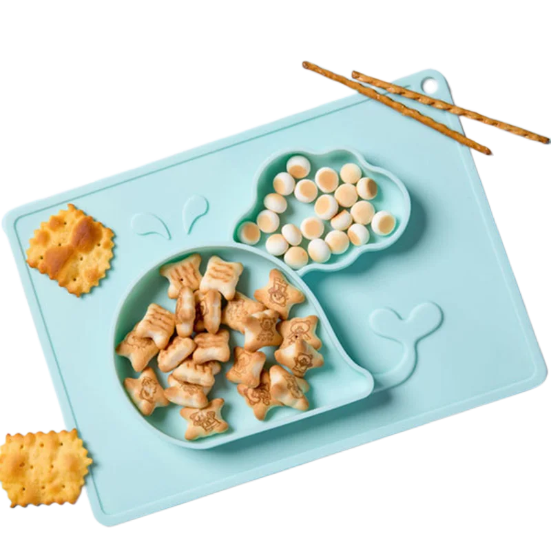 2 Sections Baby Self-Feeding Plate, Non-Slip Silicone Kids Dinner Plate, Portable Divided Plate with Sucker for Toddlers (Whale)