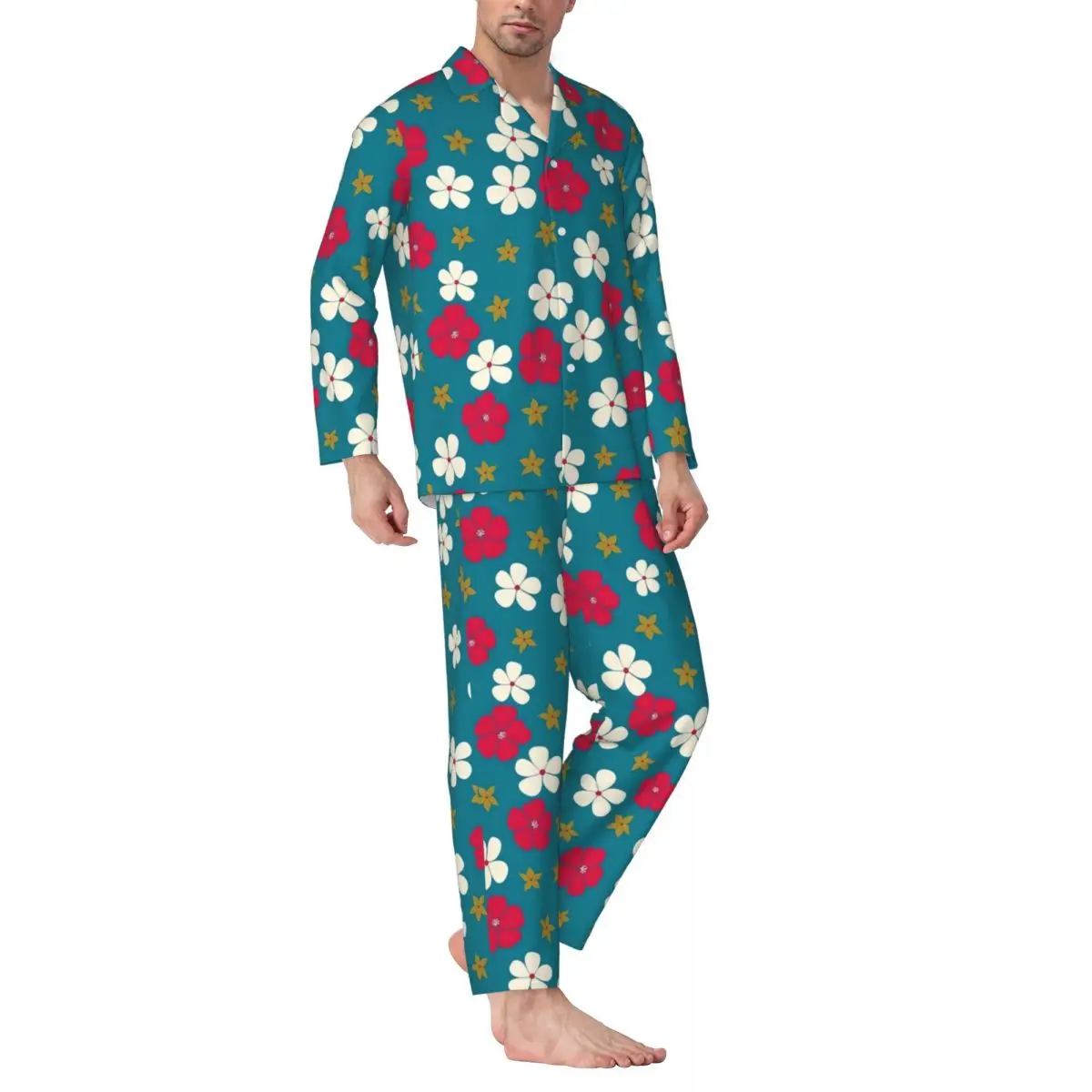 Ditsy Floral Sleepwear Autumn Red And White Loose Oversized Pajama Sets Male Long Sleeve Lovely Sleep Custom Nightwear