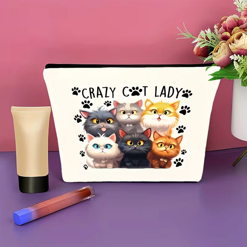 Crazy Cat Women's Makeup Bag - Colorful Cat Design Lightweight Polyester Travel Toiletry Organizer & Includes Coin Purse, Compact Large Capacity Makeup Bag, Hand Washable, Fun Accessory, Zipper Closure